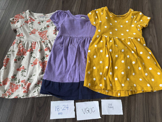 #138 - 18-24 Mo - VGUC Old Navy 3 Pack Dresses (floral, purple, yellow dot)
