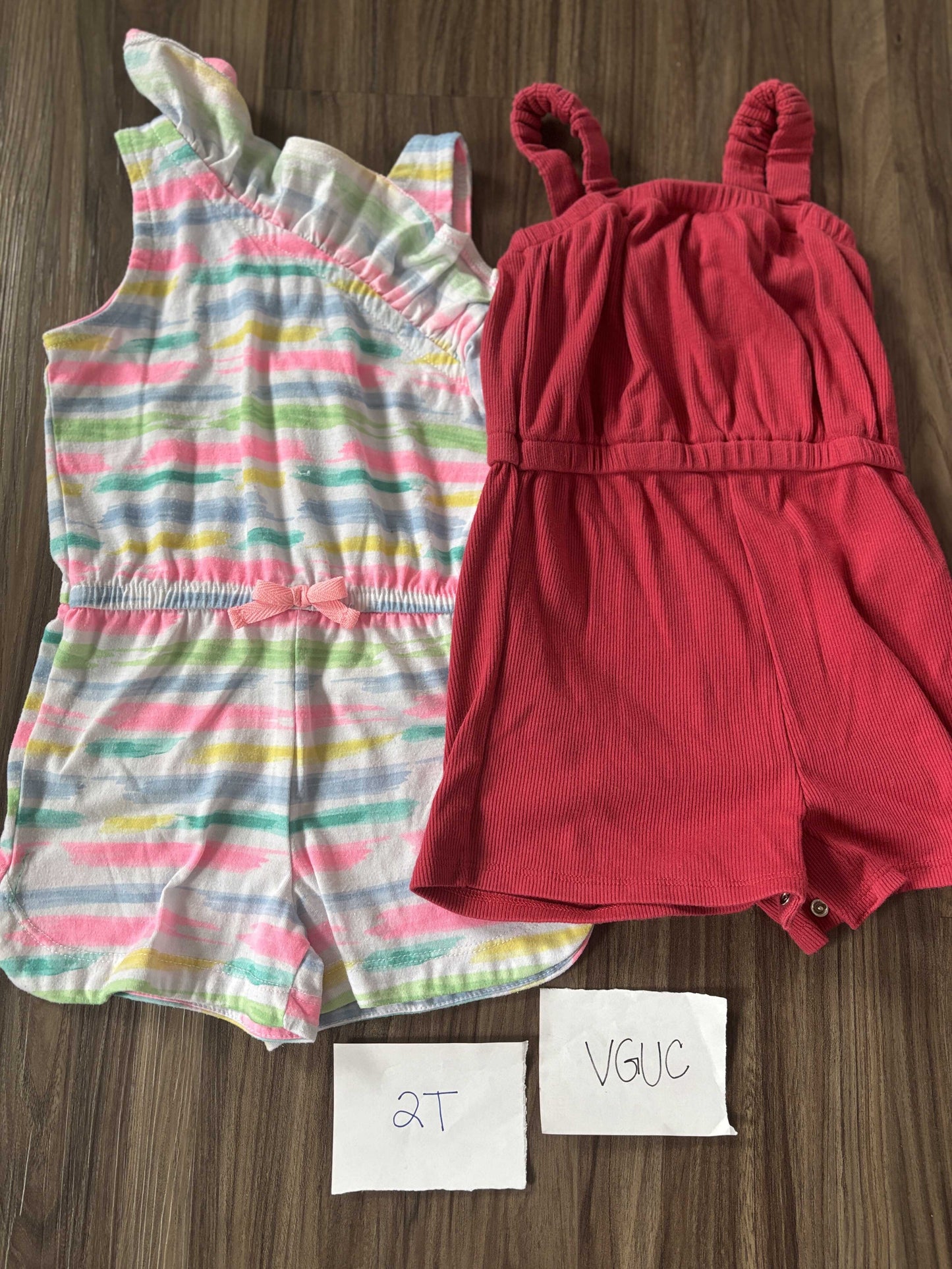 #77 - 2T - VGUC 2 Rompers (striped + red)
