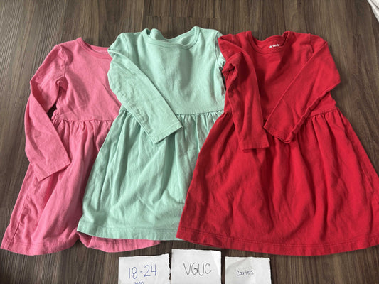#138 - 18-24 Mo - VGUC Carters - 3 Pack LS Dresses (Pink, Mint Green, Red) - PU 45236