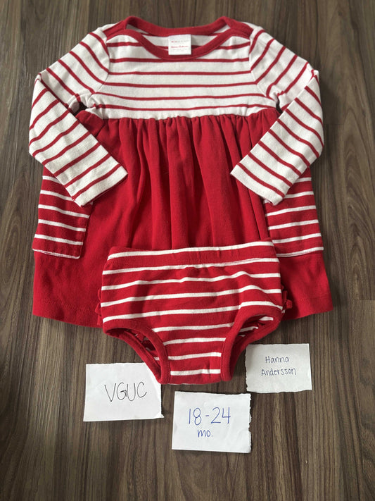 #138 - 18-24 Mo - VGUC Hanna Andersson - Red/White Striped LS Bodysuit Dress w/Diaper Cover - PU 45236