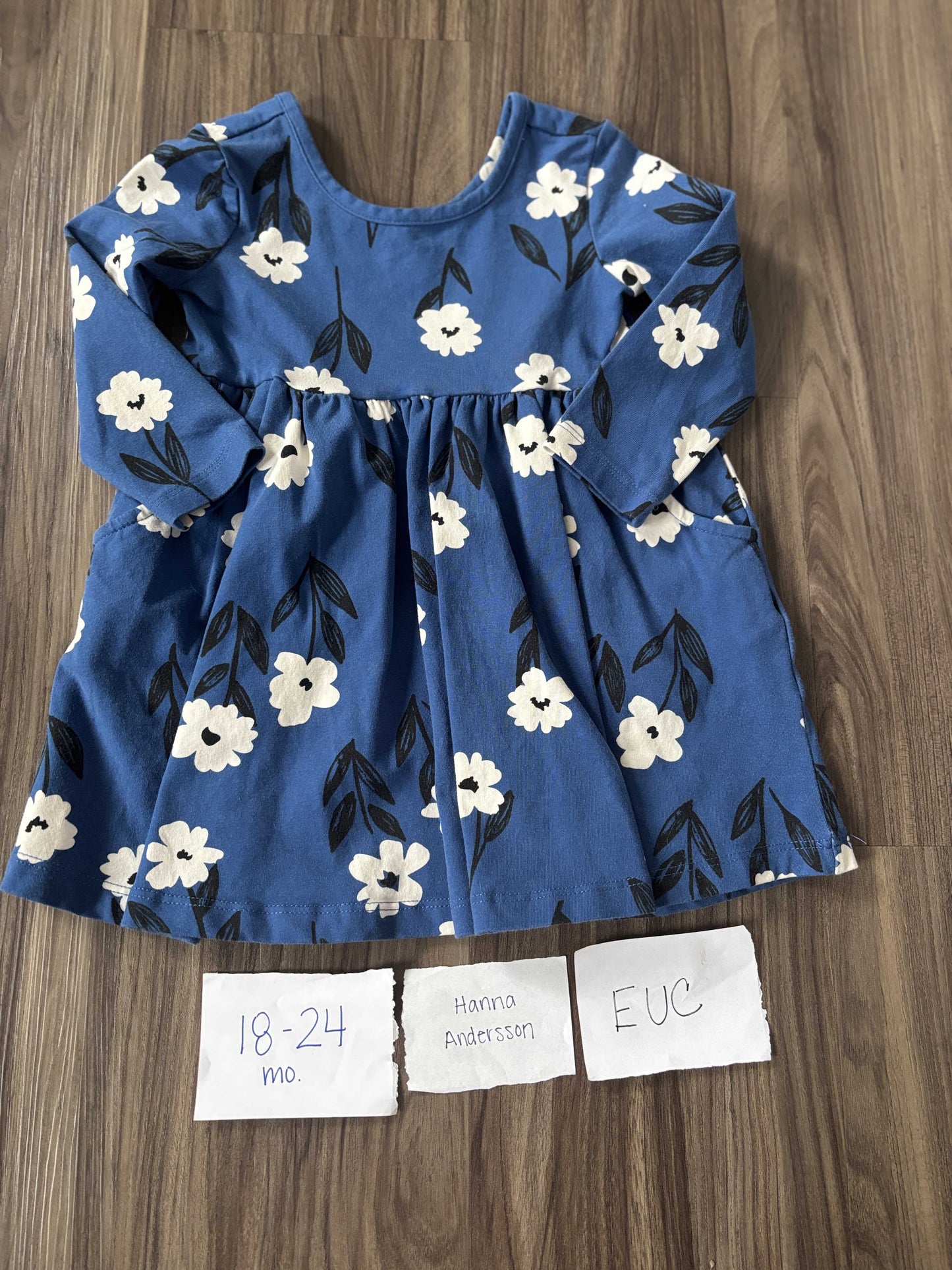 #138 - 18-24 Mo - EUC Hanna Andersson - Blue Floral LS Dress - PU 45236