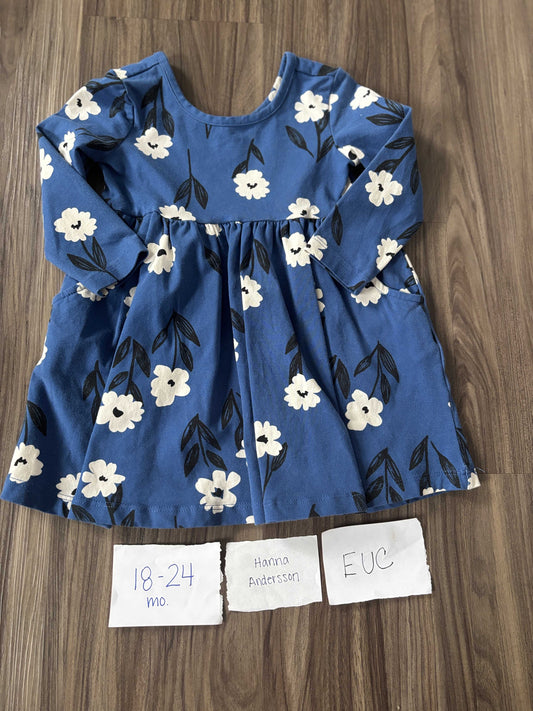 #138 - 18-24 Mo - EUC Hanna Andersson - Blue Floral LS Dress - PU 45236
