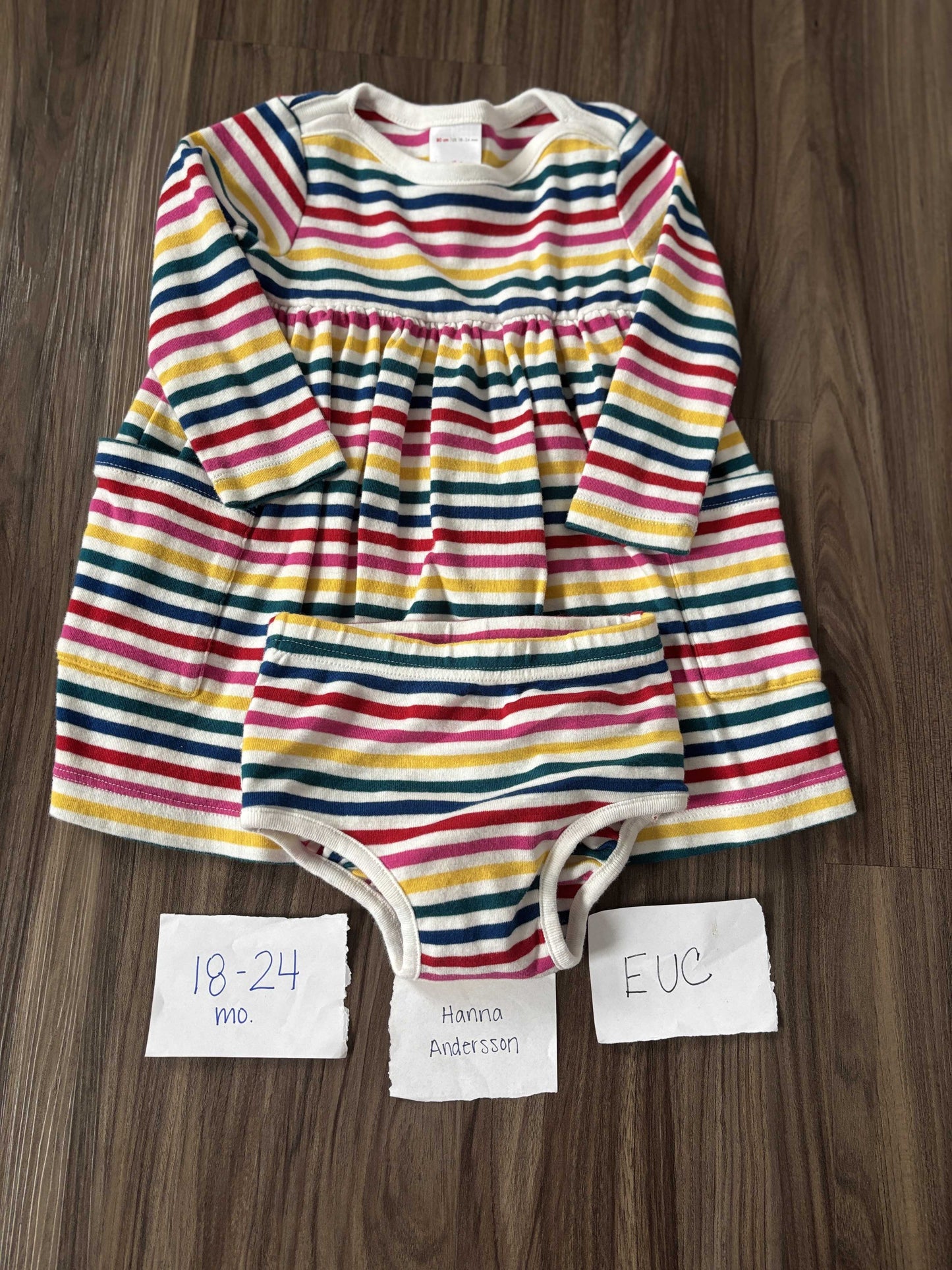 #138 - 18-24 Mo - EUC Hanna Andersson - Rainbow Striped LS Bodysuit Dress w/Diaper Cover - PU 45236