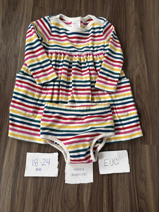 #138 - 18-24 Mo - EUC Hanna Andersson - Rainbow Striped LS Bodysuit Dress w/Diaper Cover - PU 45236