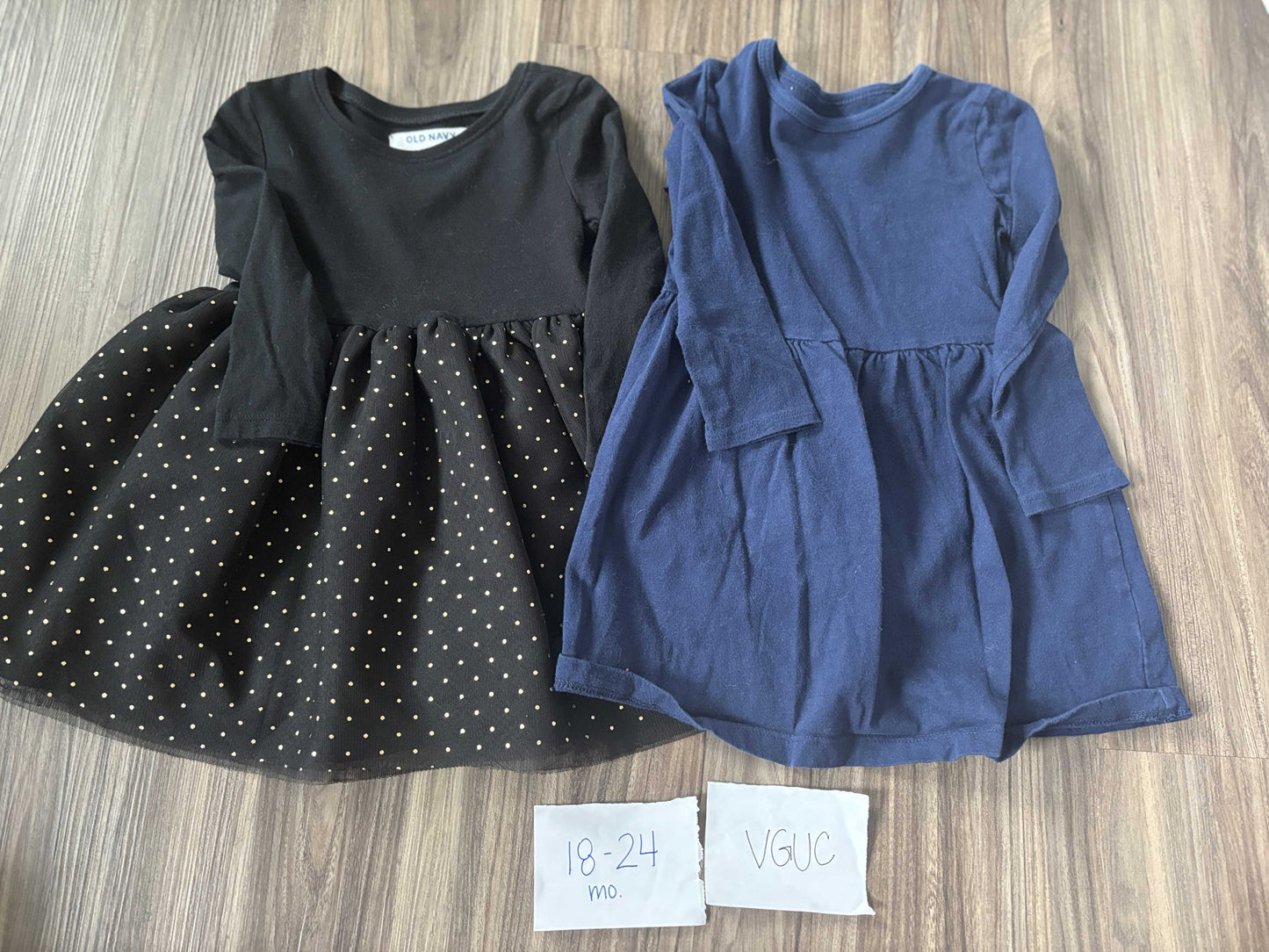 #138 - 18-24 Mo - VGUC 2 LS Dresses (Black dot + Navy) - PU 45236
