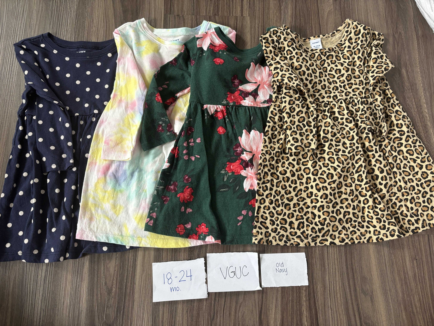 #138 - 18-24 Mo - VGUC Old Navy - 4 LS Dresses (Navy Dot, Tie Dye, Green Floral, Cheetah) - PU 45236