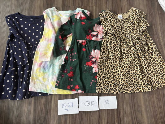 #138 - 18-24 Mo - VGUC Old Navy - 4 LS Dresses (Navy Dot, Tie Dye, Green Floral, Cheetah) - PU 45236