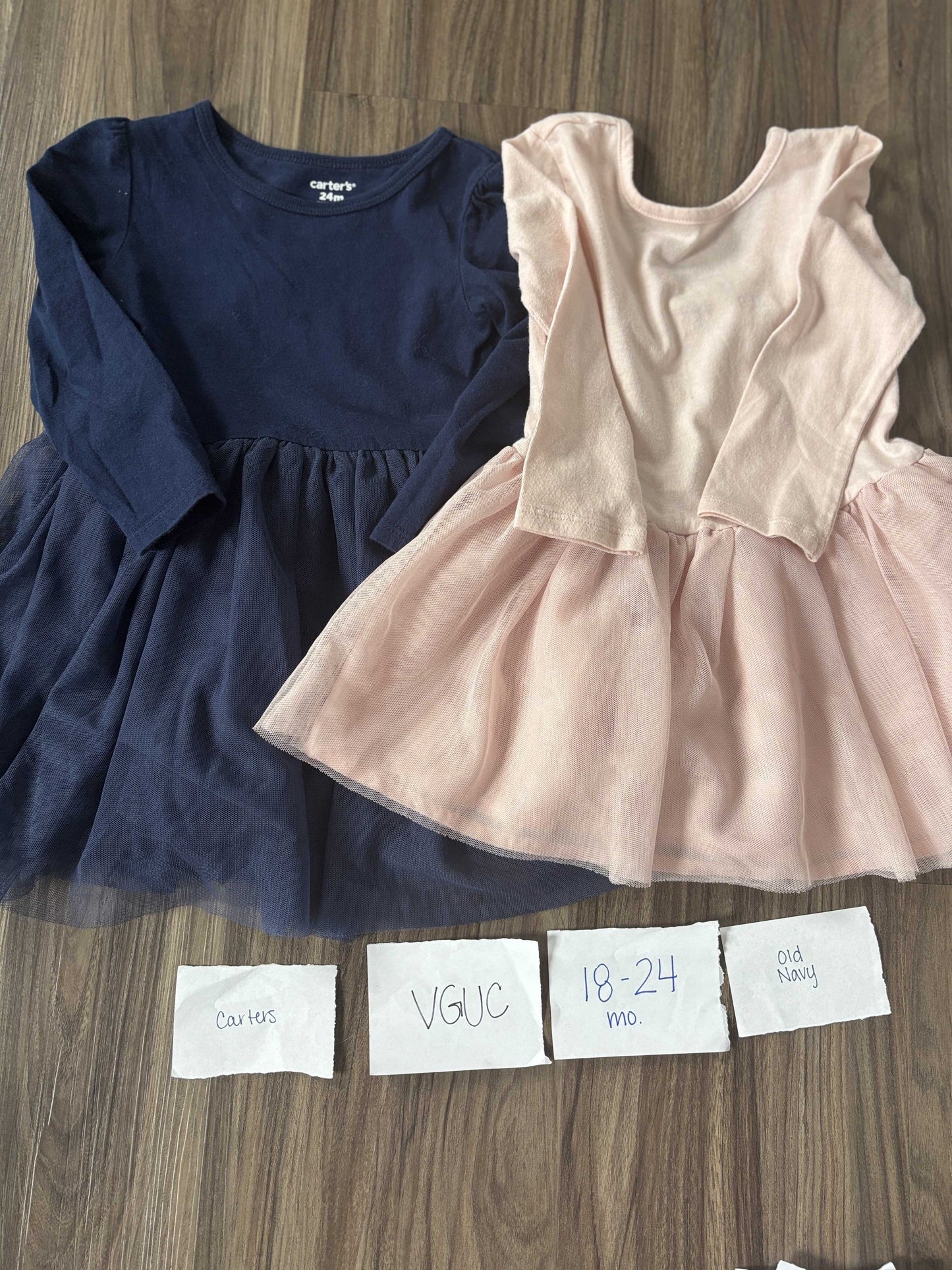 #138 - 18-24 Mo - VGUC Carters + Old Navy - 2 LS Dresses (Navy + Pink) - PU 45236
