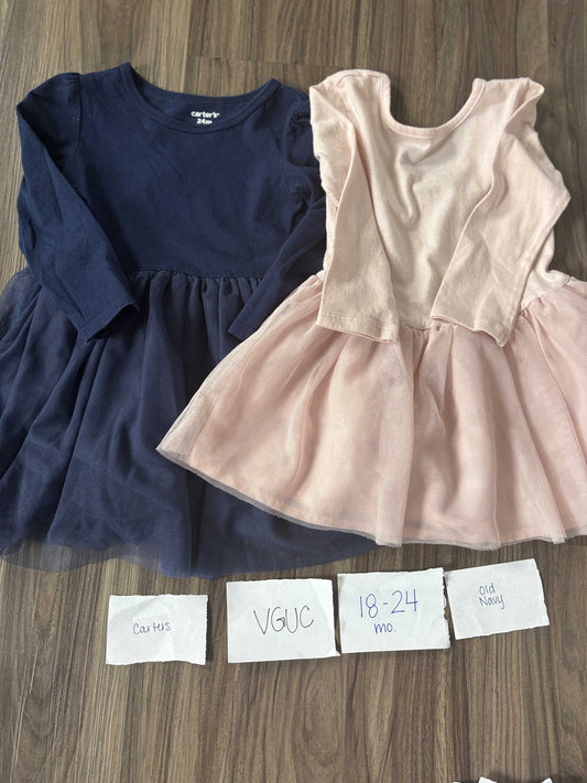#138 - 18-24 Mo - VGUC Carters + Old Navy - 2 LS Dresses (Navy + Pink) - PU 45236