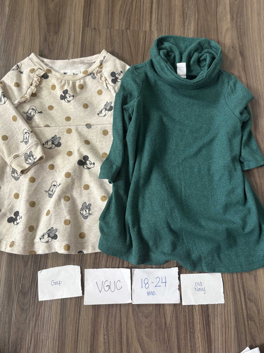 #138 - 18-24 Mo - VGUC Gap + Old Navy - 2 LS Dresses (Minnie + Green) - PU 45236