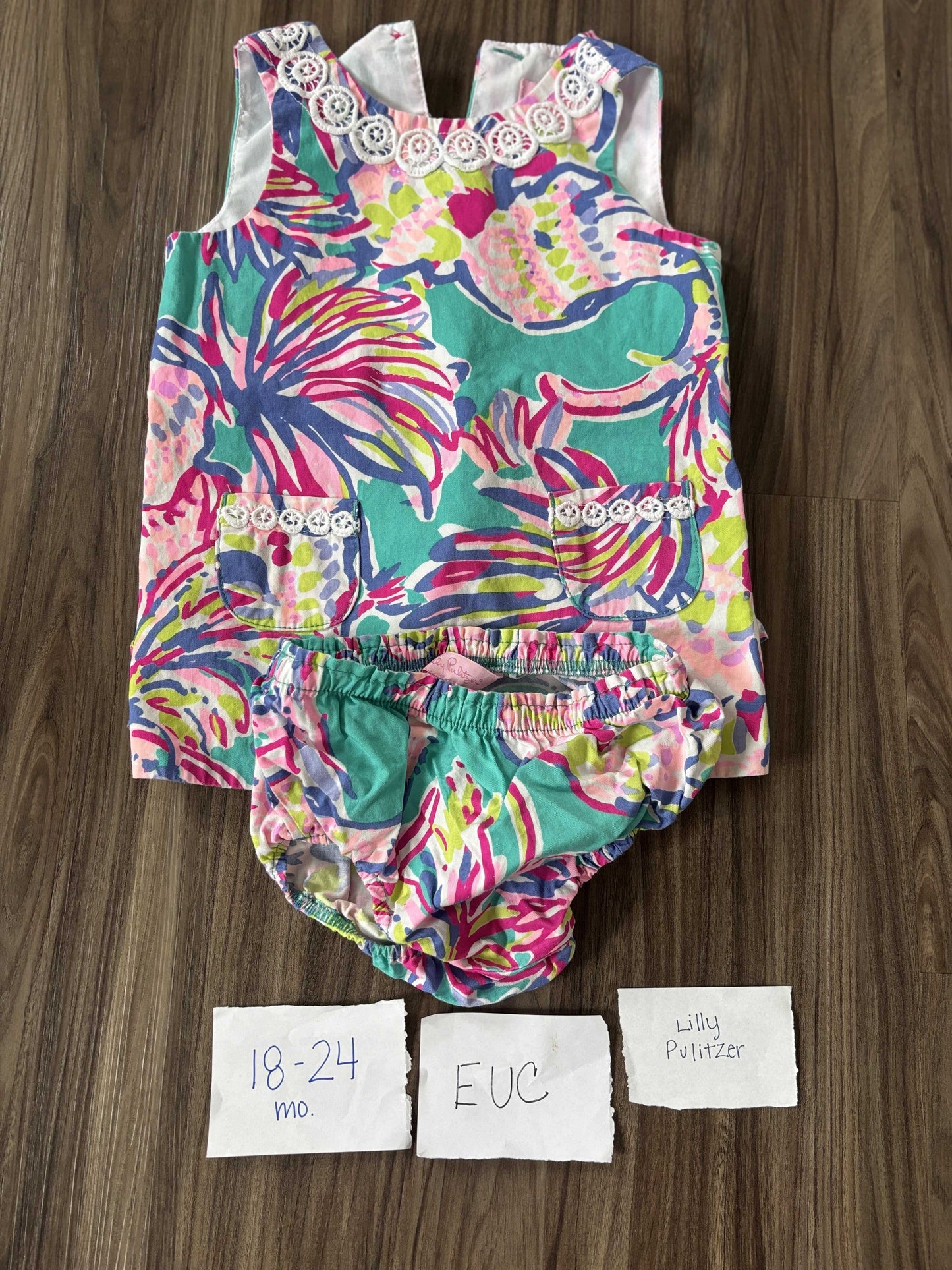 #77 - 18-24 Mo - EUC Lilly Pulitzer - Pink/Teal Shift Dress with Diaper Cover
