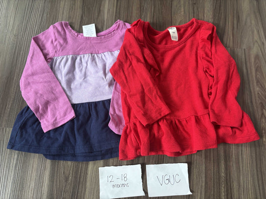 #138 - 12-18 Mo - VGUC 2 LS Shirts (purple colorblock + red) - PU 45236
