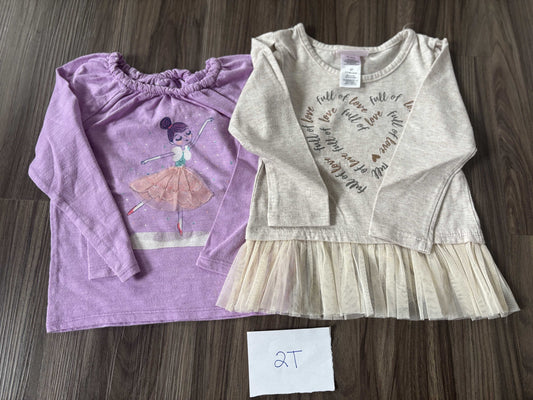 #138 - 2T - VGUC 2 LS Shirts (Purple Ballerina and Tan) - PU 45236