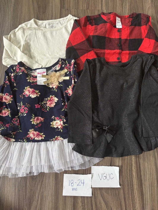 #138 - 18-24 Mo - VGUC 4 LS Shirts (cream, red plaid, floral, black) - PU 45236