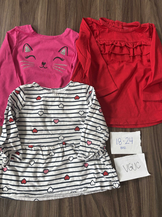 #138 - 18-24 Mo - VGUC 3 LS Shirts (pink cat, red, white striped hearts) - PU 45236