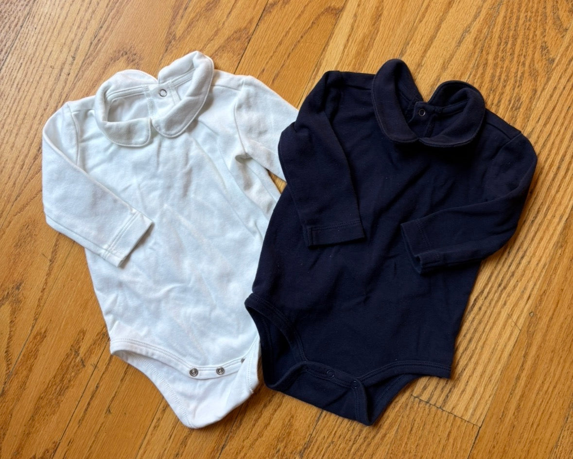 #22 Primary white and navy peter pan color onesies 3-6m