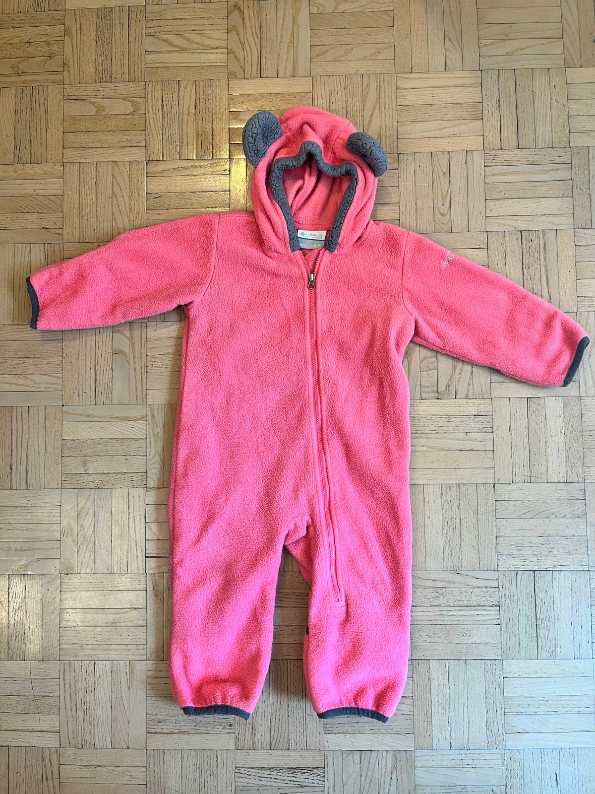 #195 Girls 12-18 month Columbia fleece pink winter bodysuit with hand and feet mitts