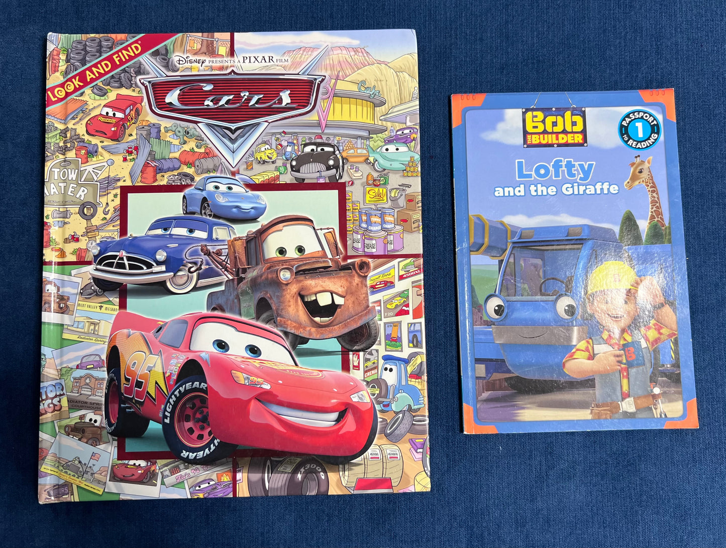 Cars Look & Find hardcover book and Bob the Builder ‘Lofty and the Giraffe’ early reader paperback, VGUC