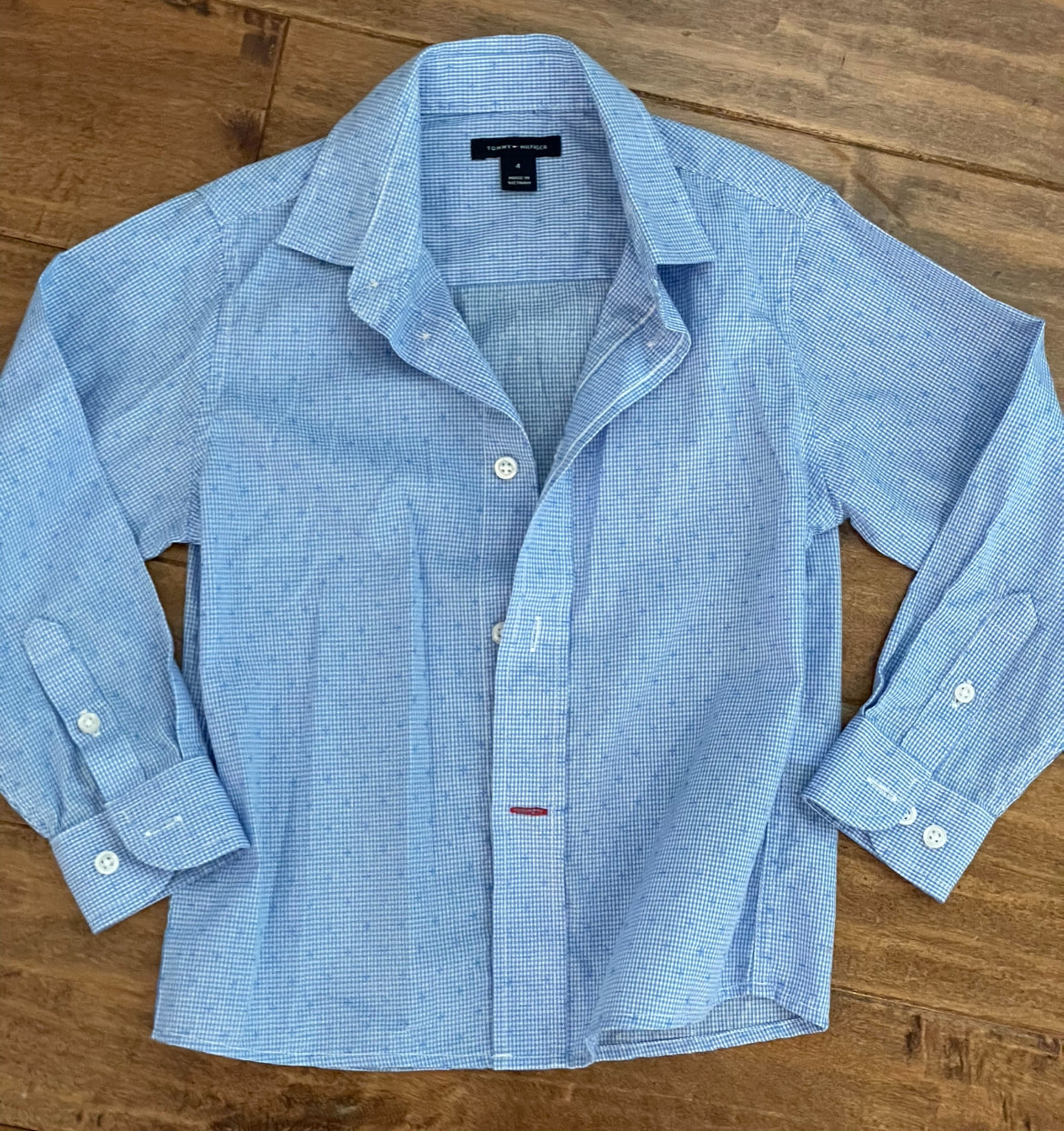 #199 Boys Tommy Hilfiger blue dress shirt size 4 EUC
