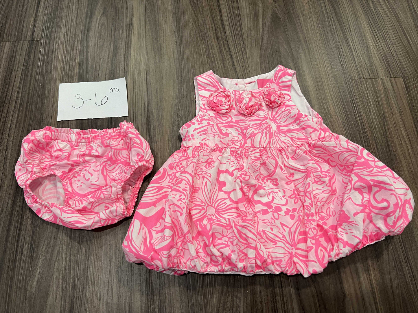 #77 - 3-6 Mo - EUC Lilly Pulitzer - Pink/White Dress with Diaper Cover