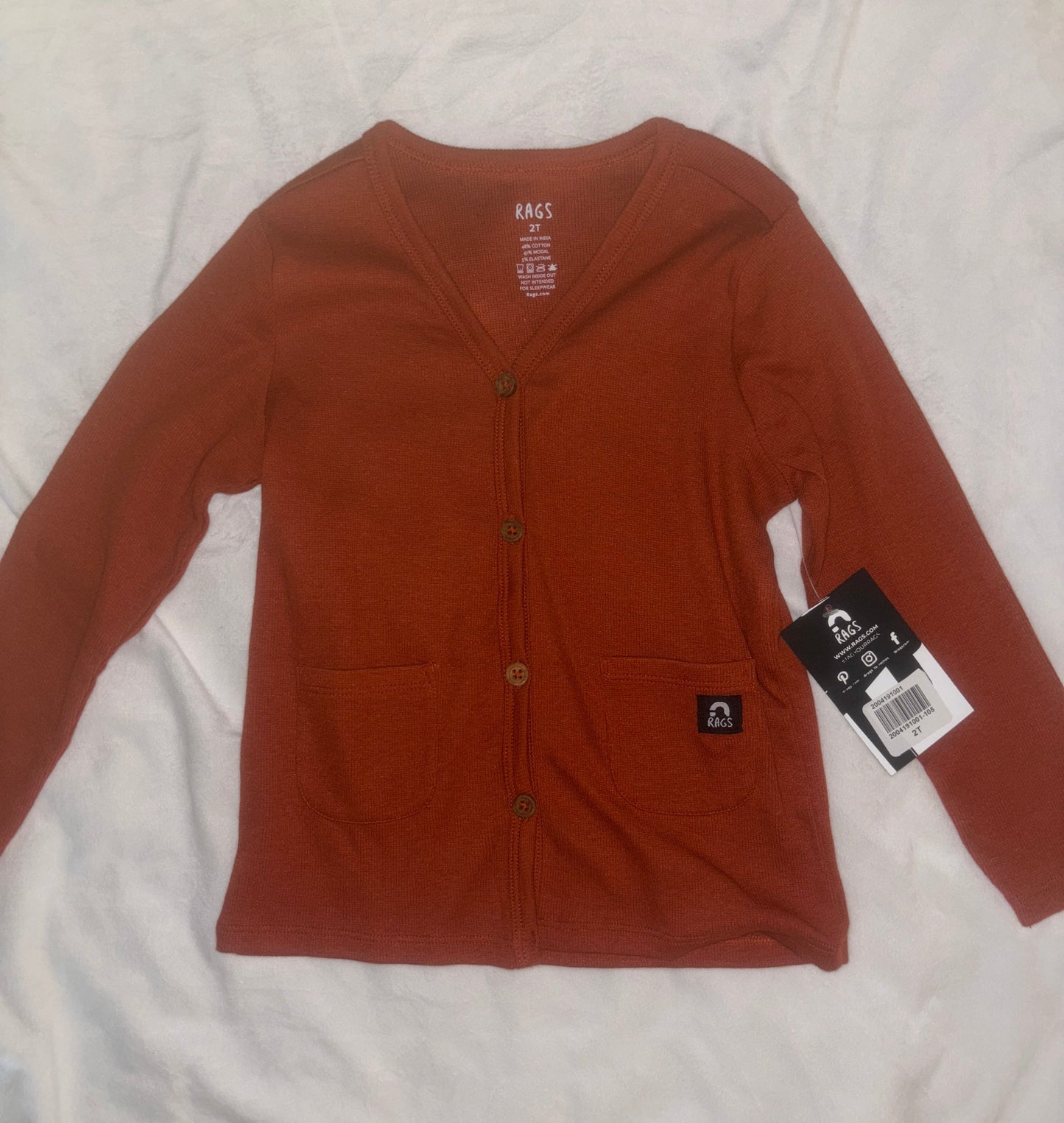 #84 *REDUCED* RAGS Cardigan- 2T NWT- Gender Neutral- Rust