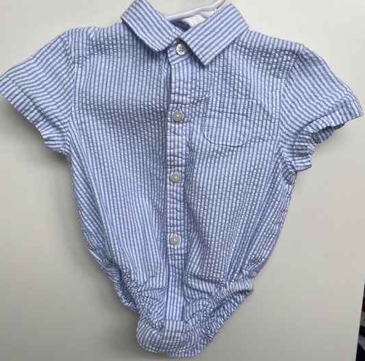 #68  Janie and Jack Blue Seersucker Button Down Onesie, Worn Once, Boys, 3-6mo