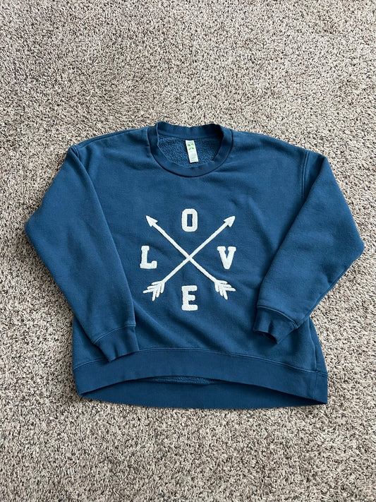 Green Tea Women’s small Sweater Blue Embroidered Love Sweat shirt Big Logo - GUC  - price reduced