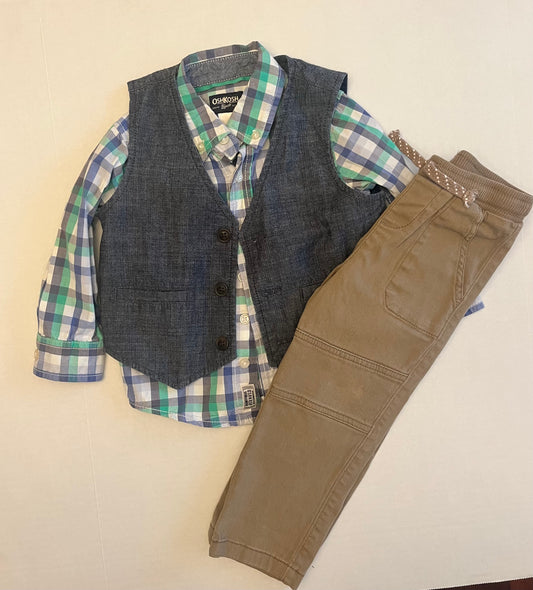 Oshkosh blue/green/white button down, Crazy 8 vest and Jumping beans khaki pants size 2T PPU Mariemont