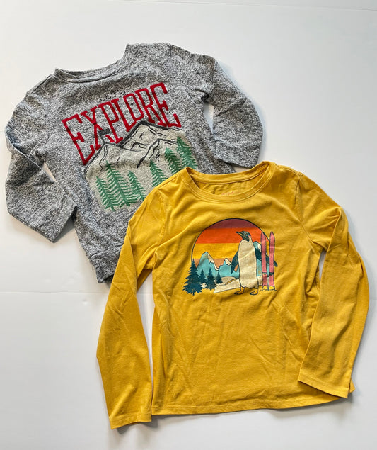 #121 Boys 5 set of two shirts, Explore and Yellow Penguin, VGUC