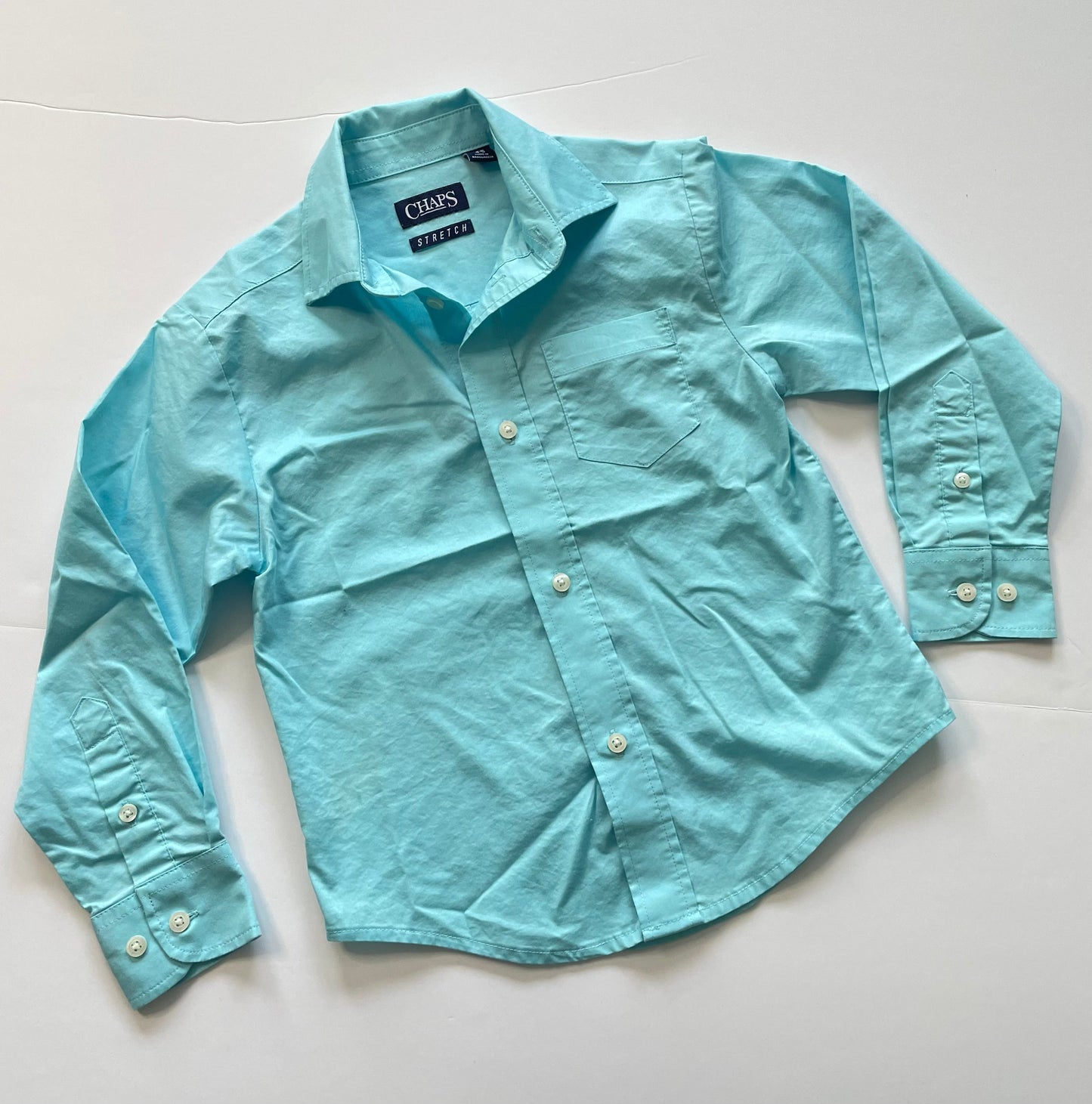 #121 Boys 4/5 Chaps light blue button down dress shirt, EUC
