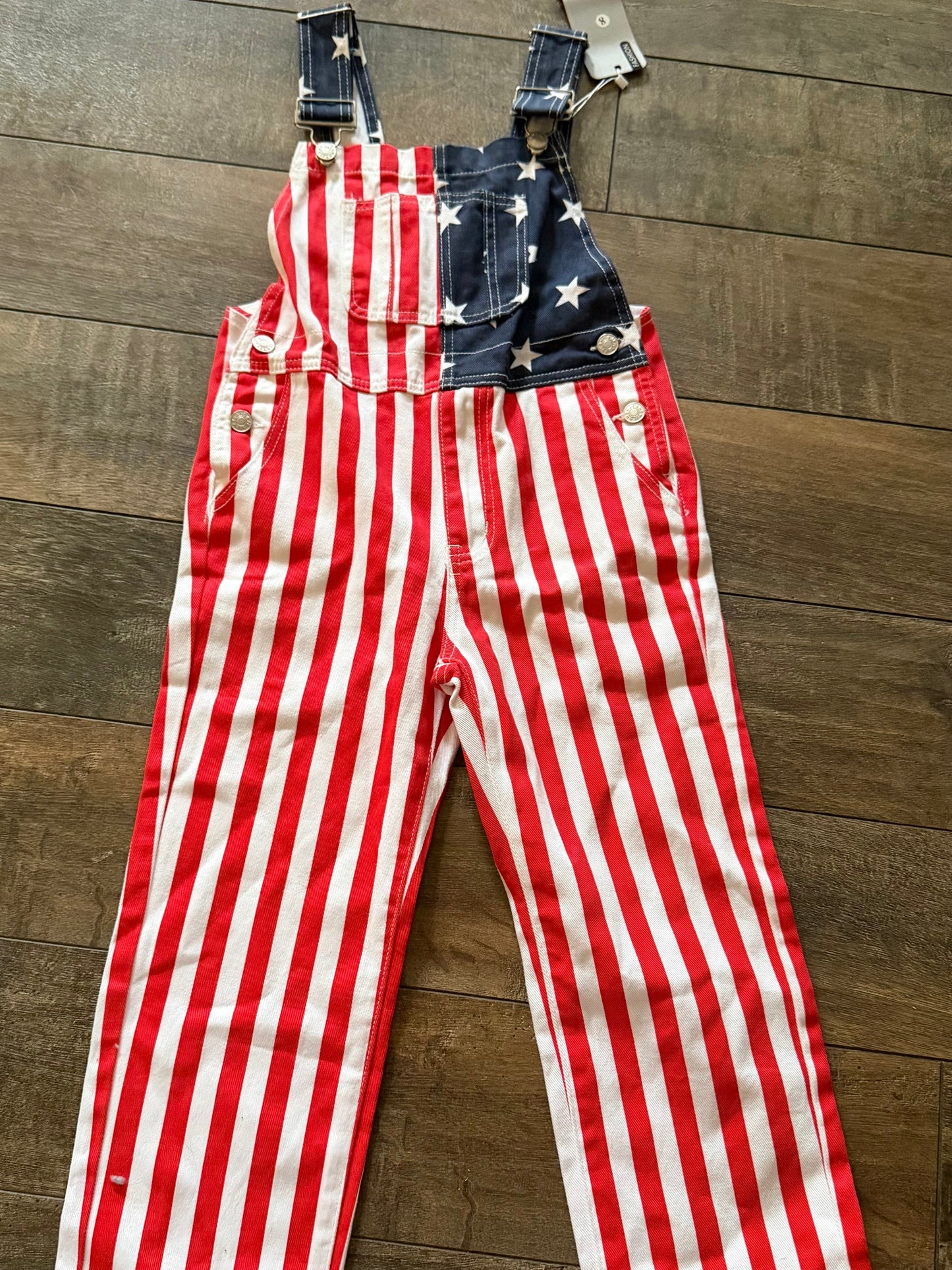 #129 nwt size 8 kids flag theme overalls