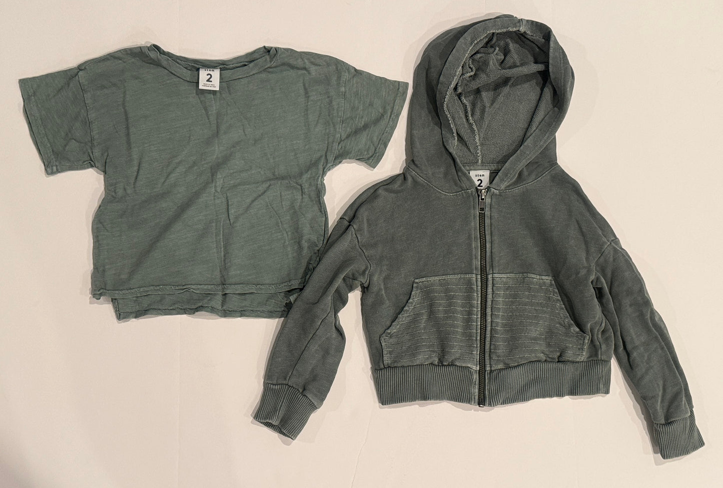 #187 Boys or Gender Neutral Size 2 Stem Shirt and Zip Up, Sage Green