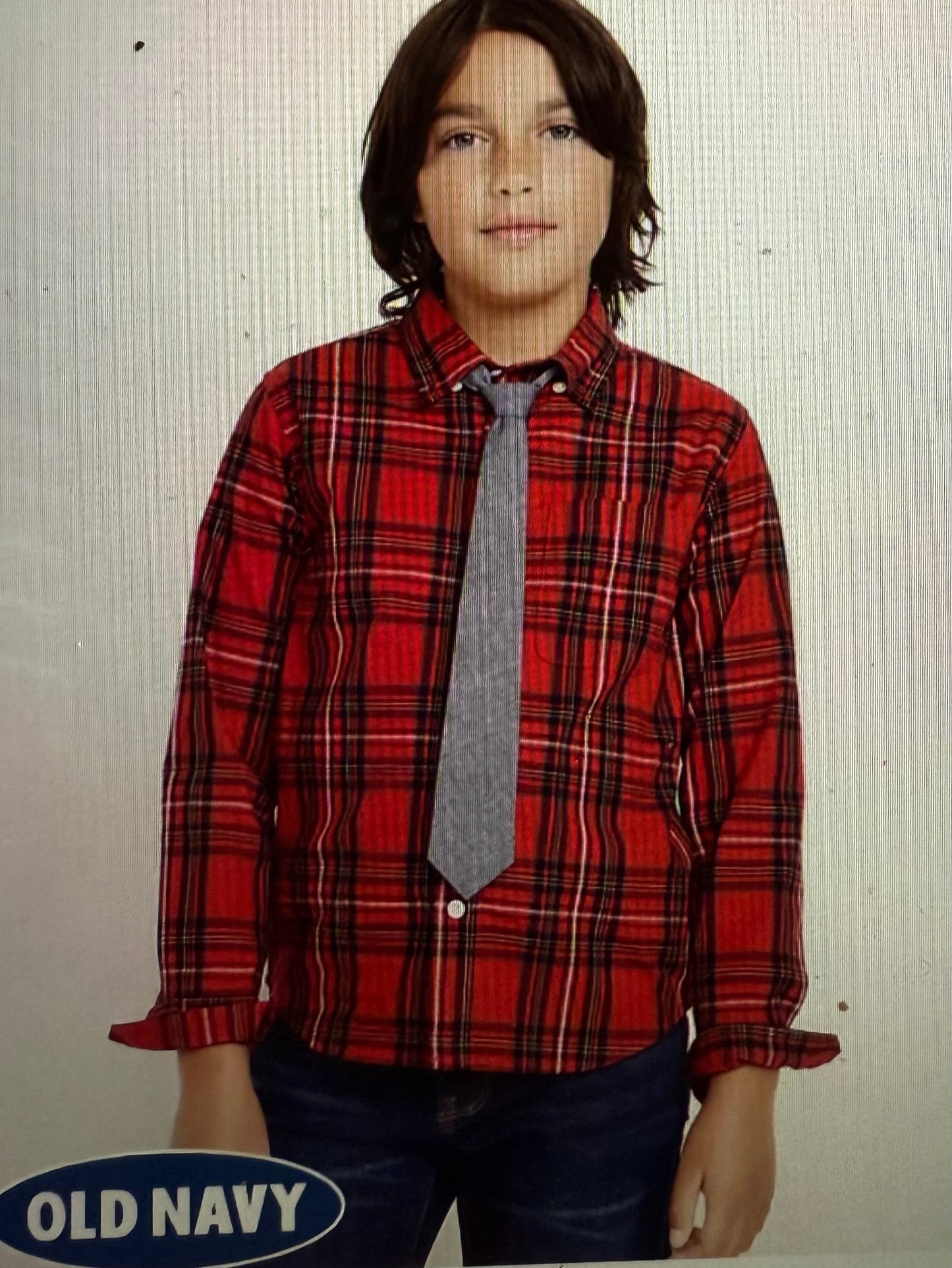 #180 Boys Medium 8 Old Navy Plaid Button Down and Tie - Red Plaid and Gray Tie