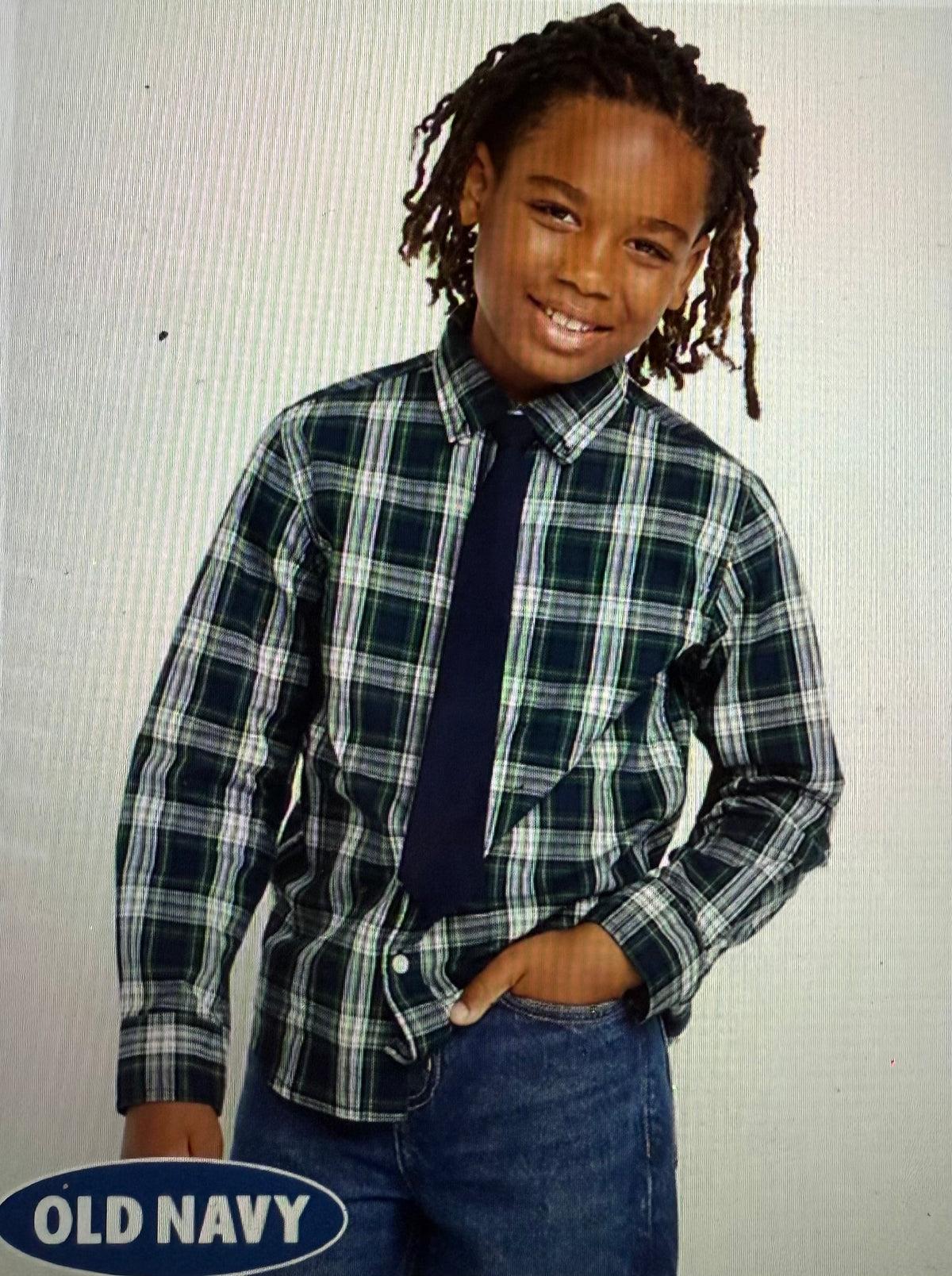 #141 Boys Medium 8 Old Navy Green and Navy Plaid Button Down and Tie Bundle
