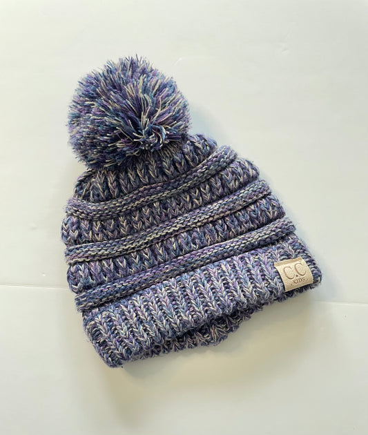 #121 Girls C.C. infant winter knit hat, purple with pom pom, EUC