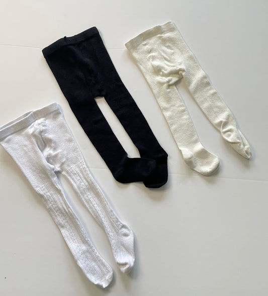 #121 Girls 12-24M set of three tights, white black cream, EUC