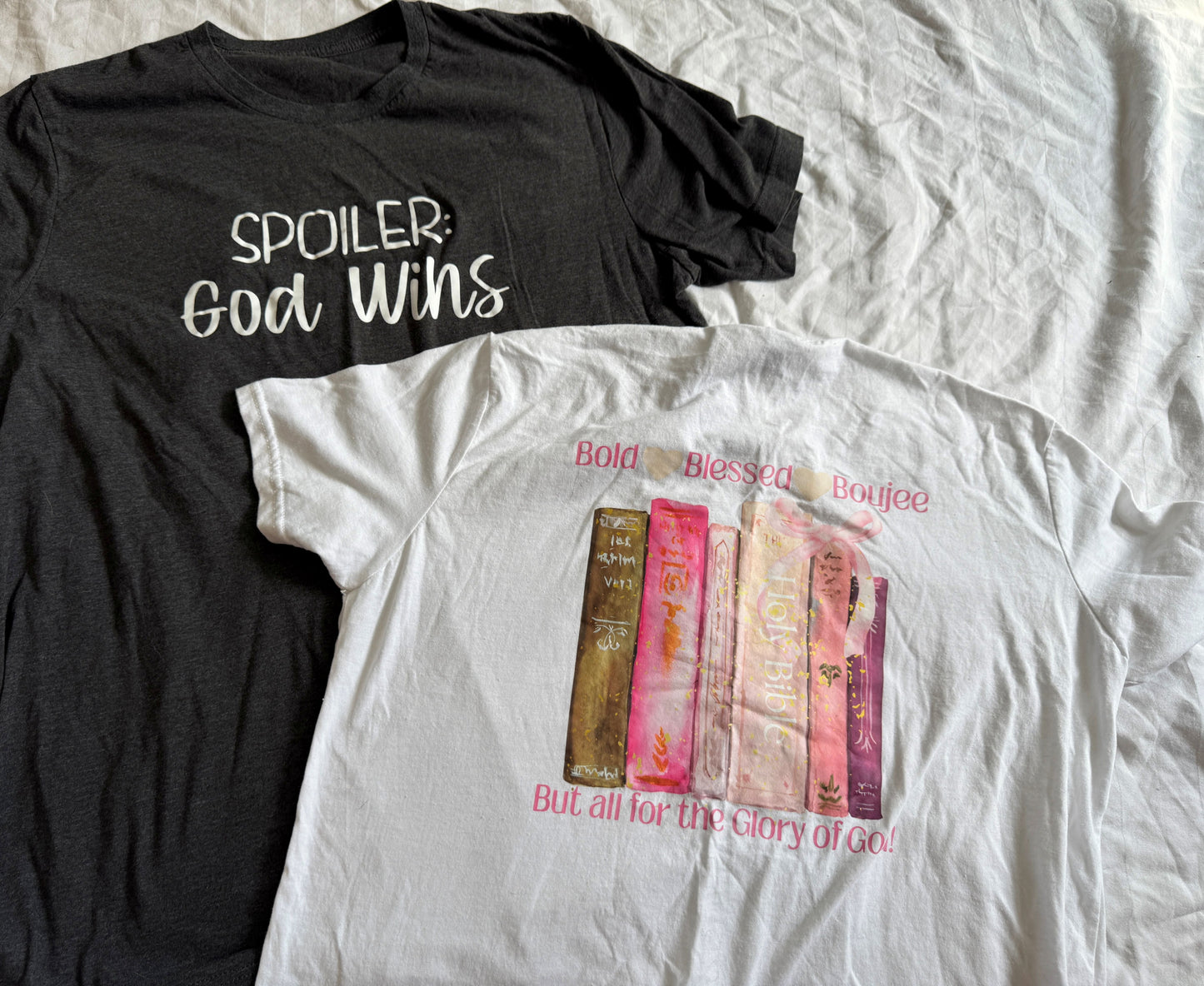 Seller #22 - 2 women’s Christian t-shirts - size L - white is NEW and gray is GUC