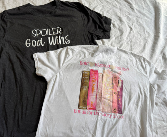 Seller #22 - 2 women’s Christian t-shirts - size L - white is NEW and gray is GUC