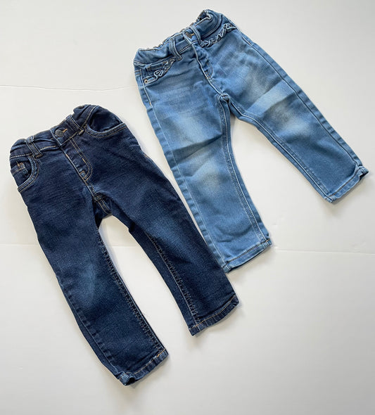 #121 Girls 2T set of two jeans with inside adjusters, dark and medium wash, EUC