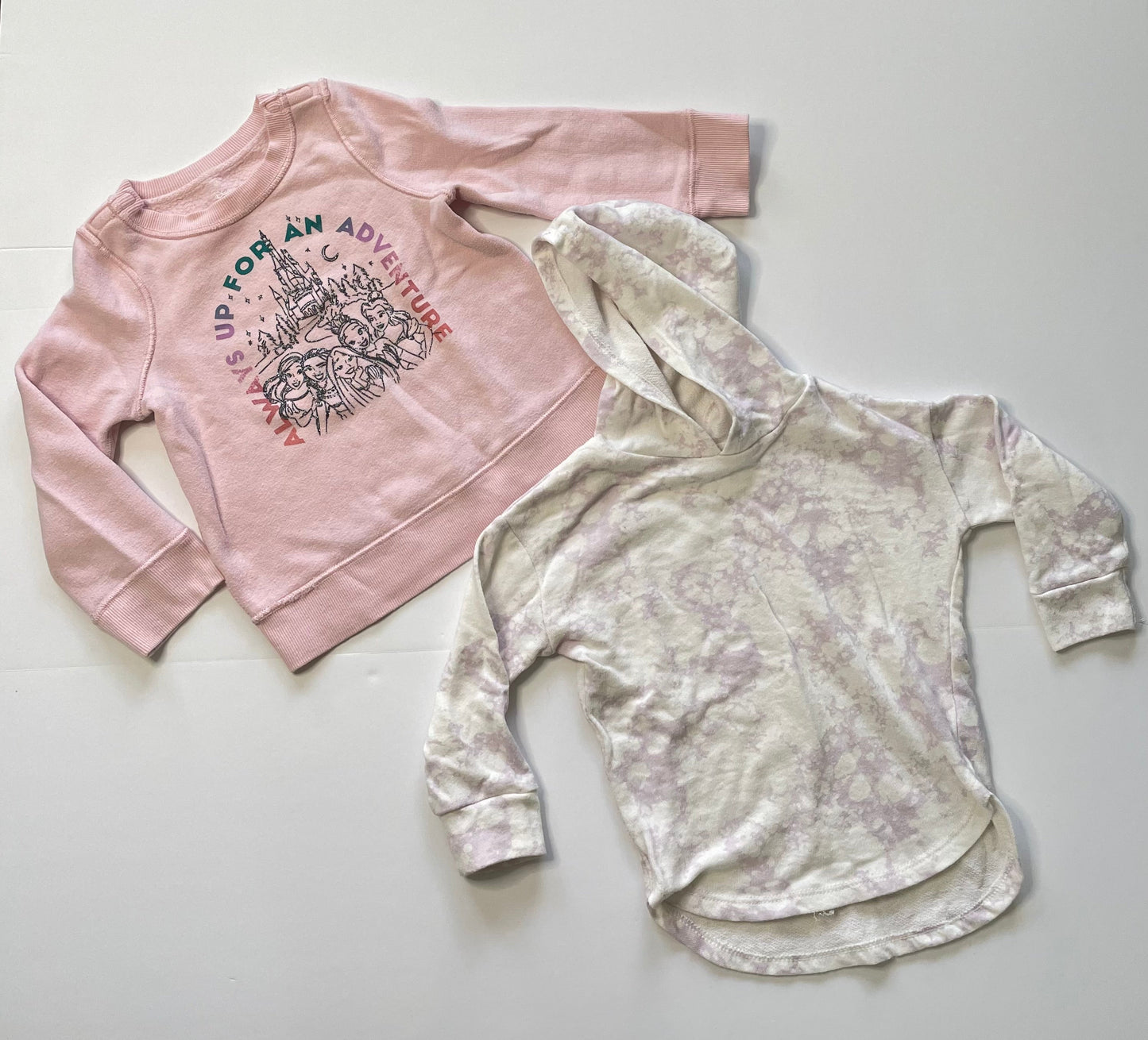 #121 Girls 2T set of two shirts, Disney Princess sweatshirt and tie dye long sleeve, VGUC