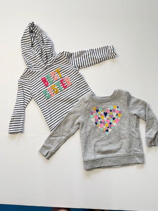 #121 Girls 2T set of two sweatshirts, Best Sister and hearts, EUC