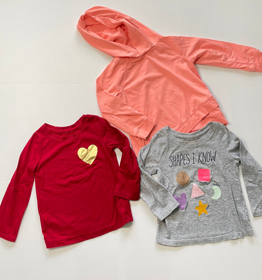 #121 Girls 2T set of three shirts, light coral, red with heart, gray shapes, VGUC/EUC