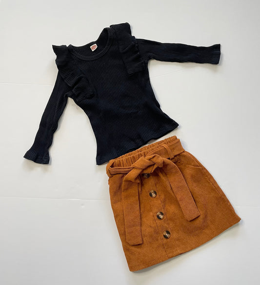 #121 Girls 2T outfit, black shirt with corduroy skirt, EUC