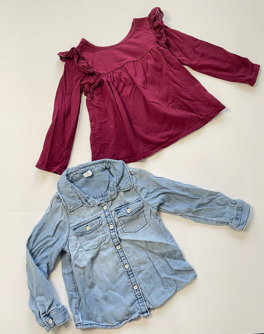 #121 Girls 3T set of two long sleeve shirts, burgundy Cat & Jack, chambray Baby Gap, VGUC