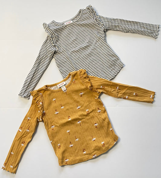 #121 Girls 3T Cat & Jack set of two long sleeve shirts black and white stripe and yellow flowers, VGUC/GUC