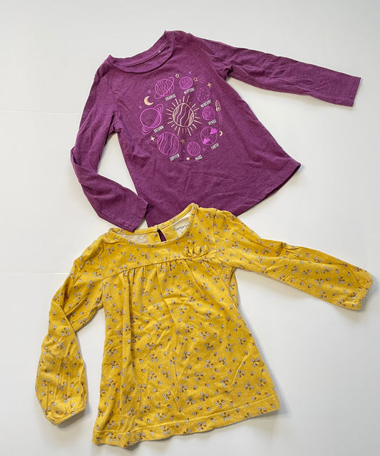 #121 Girls 3T set of two long sleeve shirts, purple planet, yellow flowers, EUC/VGUC