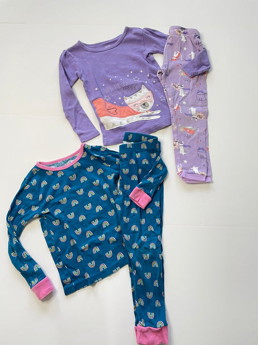 #121 Girls 3T set of two pajamas, purple cat and blue rainbow, GUC