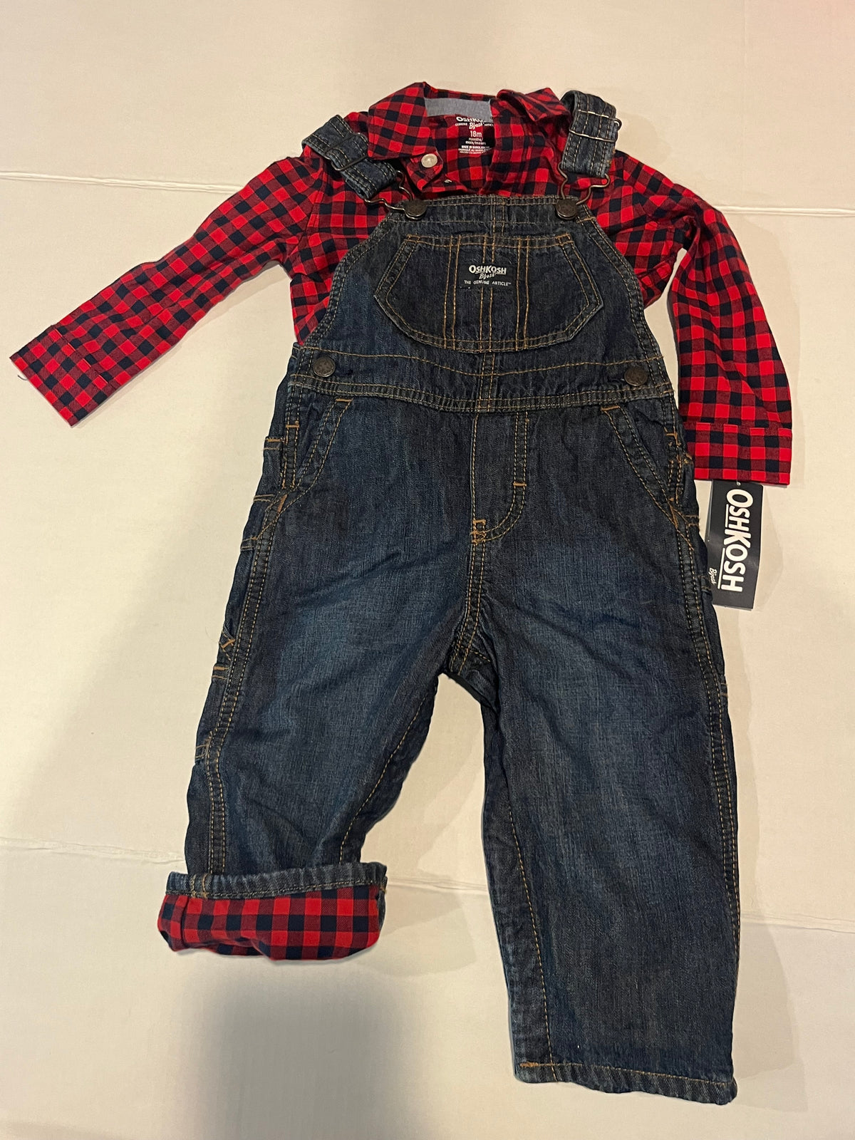 #70 Oshkosh Overalls and Flannel 18m