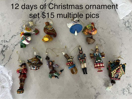 135  The 12 days of Christmas ornament set, multiple pictures, no chips or broken ornaments