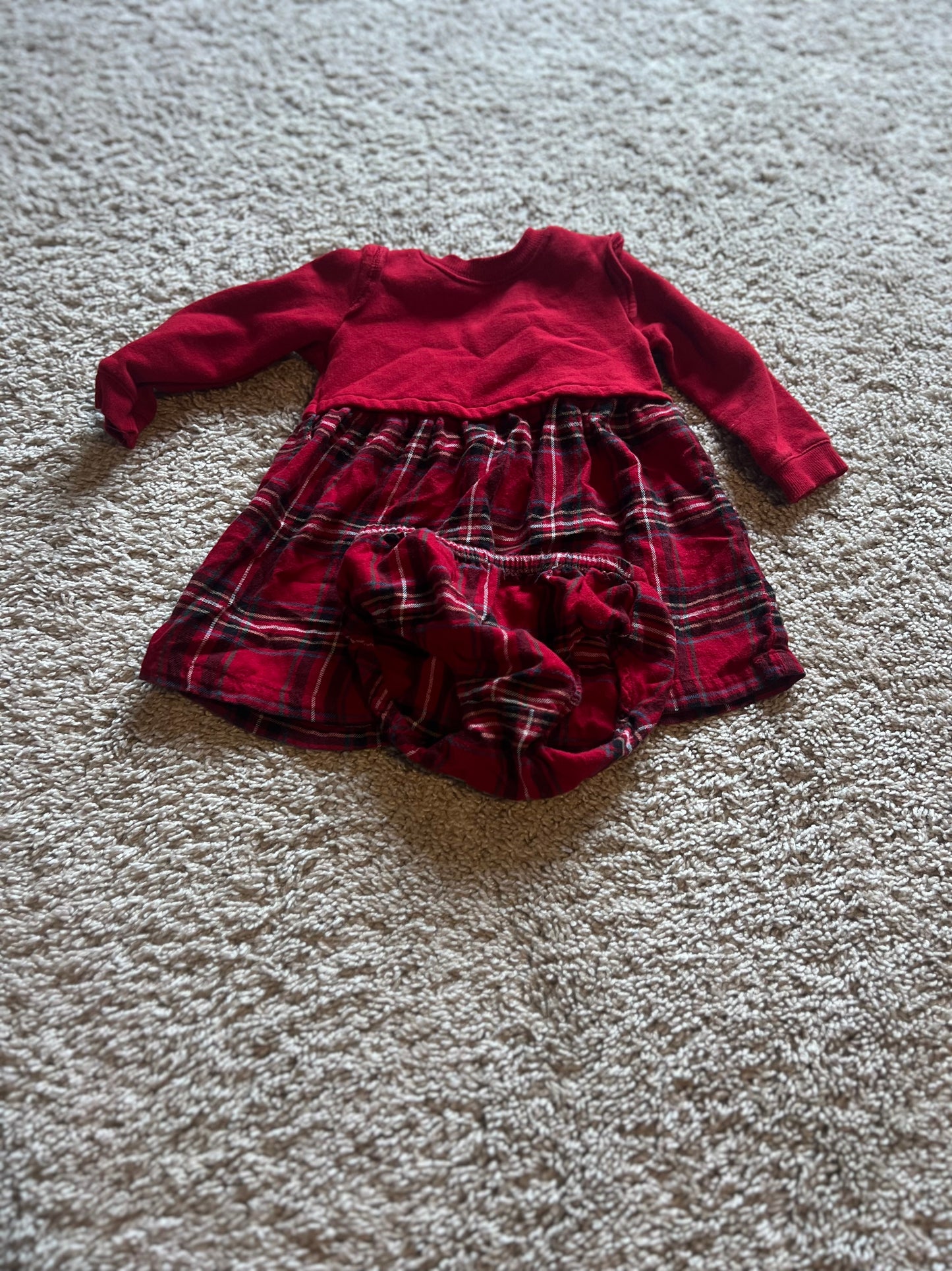 #53 Carter's 12 month red plaid sweatshirt material dress with matching bloomers